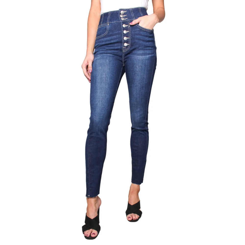 High Waist, button accent Long Skinny Jeans